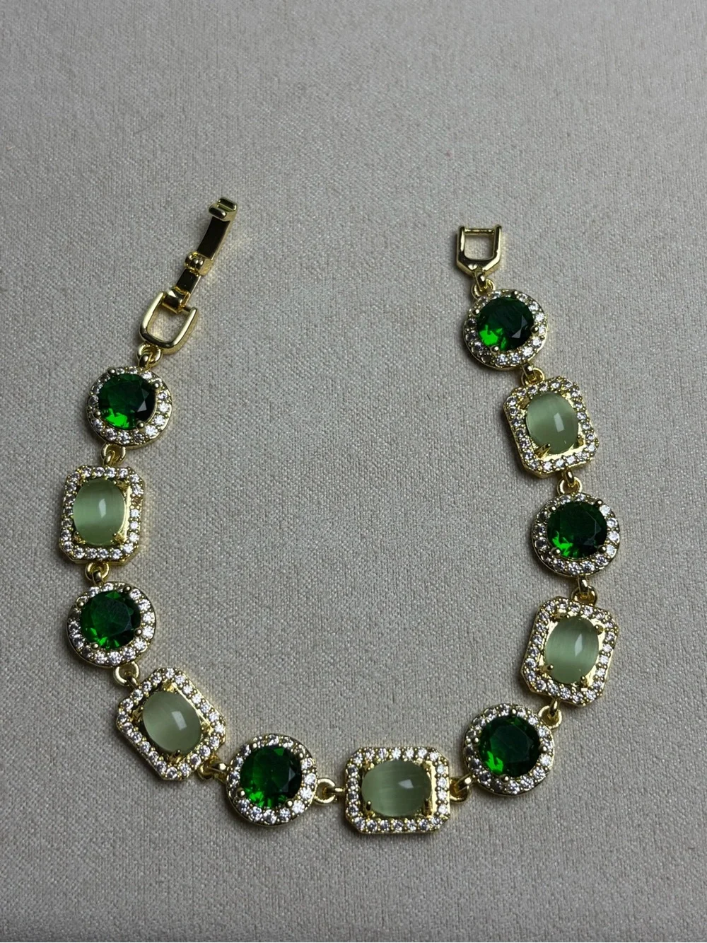 Gold-Tone Green Crystal Link Bracelet - Elegant Women's Jewelry